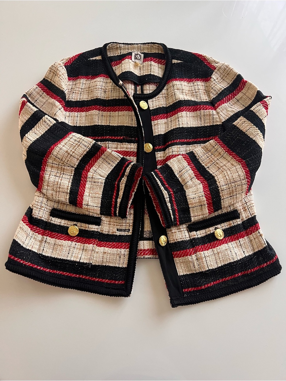Anne Klein Striped Tweed Jacket in Cream, Black & Red